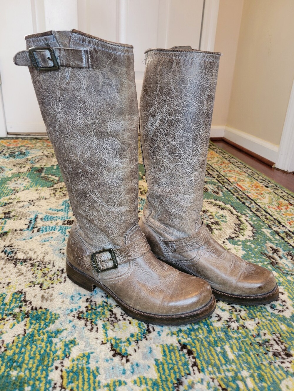 Frye Women's Tall Buckle Leather Riding Boots in Taupe